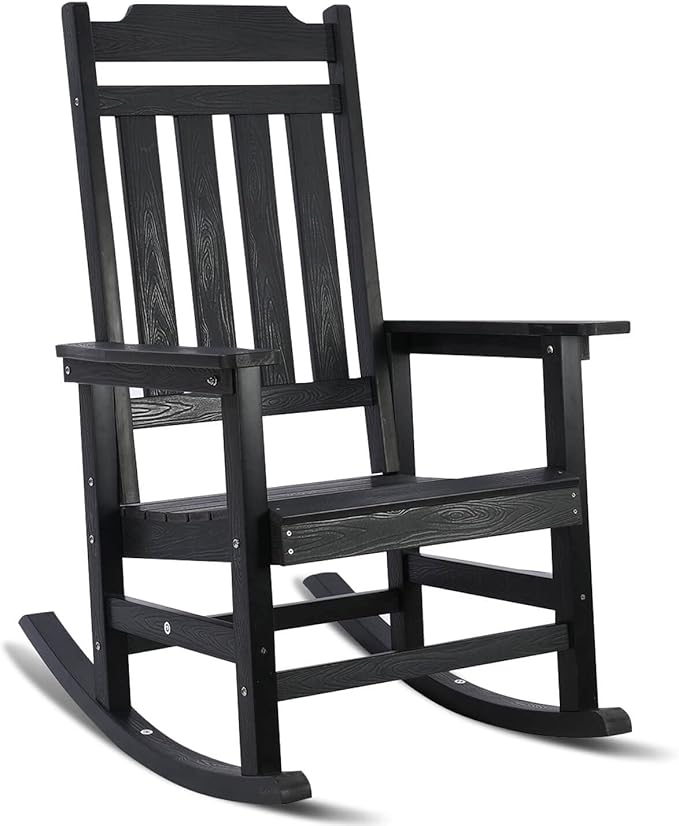 Rocking Chair, All Weather Resistant Poly Lumber Outdoor Porch Rocker, Rocking Chairs for Outdoor, Indoor, Patio, Deck, Garden, Backyard, Load Bearing 380 lbs - Black