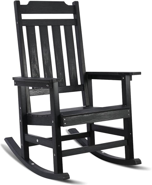 Rocking Chair, All Weather Resistant Poly Lumber Outdoor Porch Rocker, Rocking Chairs for Outdoor, Indoor, Patio, Deck, Garden, Backyard, Load Bearing 380 lbs - Black