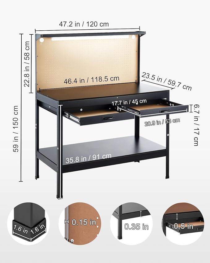 VEVOR Hardwood Workbench, 242.5 lbs Weight Capacity, 47.2-inch Heavy Duty Workbench with Pegboard, 4 AC Outlets & 2 USB Ports, 1.5m Cable & 30 Hooks, Garage Work Bench with Drawer for Workshop