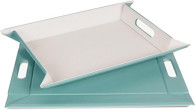 PLACEsMAT 2-in-1 Faux Leather Placemat & Serving Tray | Reversible Design, Lays Flat & Easy to Clean | Ottoman Food Tray, Perfect Housewarming Gift, 18” x 14” (Seafoam Blue & Stone, Single)
