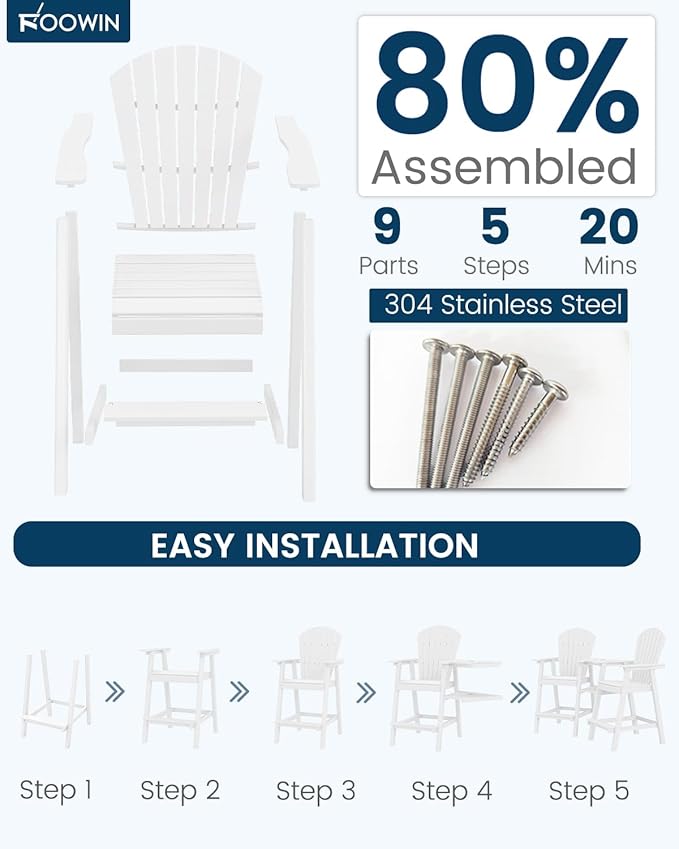 FOOWIN Tall Adirondack Chair Set of 4, All Weather HDPE Bar Height Adirondack Chair with Double Connecting Trays, Adirondack Barstools for Balcony, Deck, Backyard, Patio, Garden White