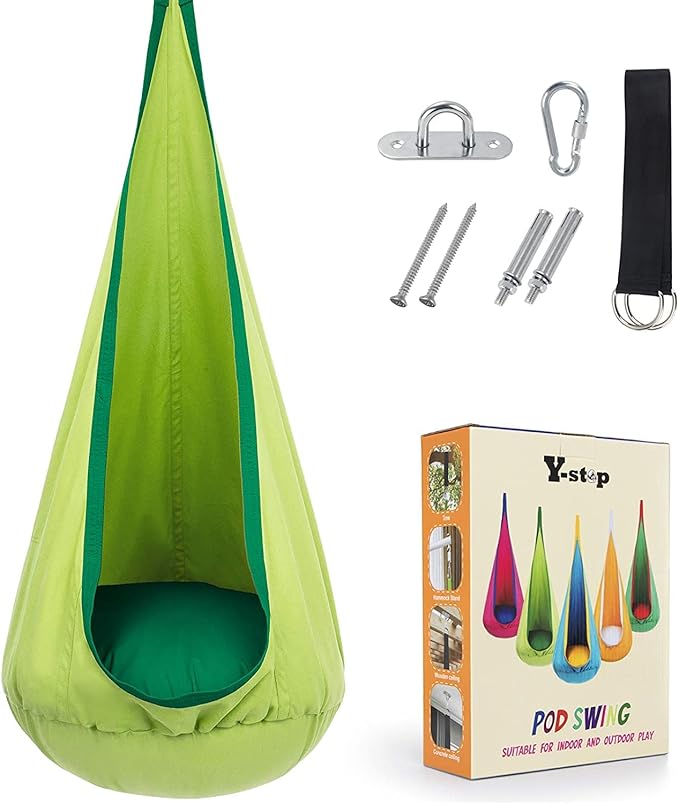 Y- STOP Kids Pod Swing Seat, Hanging Hammock Chair Swing with Inflatable Pillow, Sensory Swing Chair with Pocket for Outdoor and Indoor (Green)