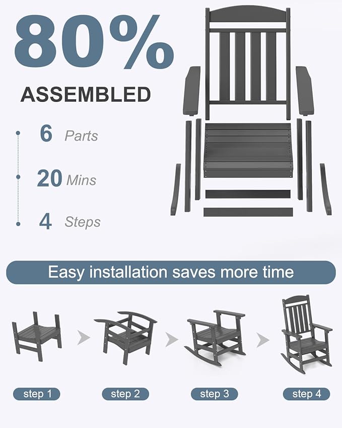 Outdoor Rocking Chairs Set of 2, Oversized High Back Patio Rocking Chairs, All Weather Porch Rocking Chairs for Outside. Dark Grey