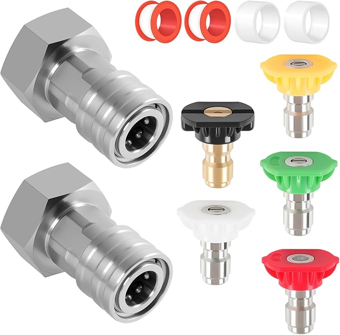 2 Pcs Garden Hose Quick Connect with Pressure Washer Nozzle Tips – Converts 3/4" GHT to 1/4" Quick Connect, Leak-Proof & Durable for Easy Watering Flowers and Plants or Outdoor Cleaning