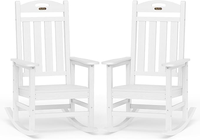 Oversized Outdoor Rocking Chair Set of 2, High Back Porch Rocker Chair, HDPE All Weather Resistant Rocking Chairs for Patio, 380lbs Weight Capacity, White