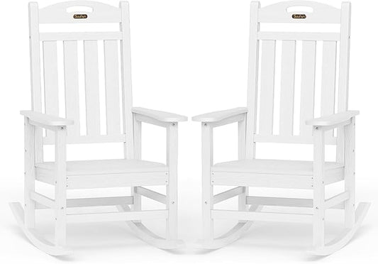 Oversized Outdoor Rocking Chair Set of 2, High Back Porch Rocker Chair, HDPE All Weather Resistant Rocking Chairs for Patio, 380lbs Weight Capacity, White