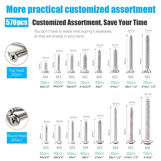 CASAON 570Pcs Self Tapping Screws Assortment Set, M3/M4/M5/M6 304 Stainless Steel Sheet Metal Screws Kit, Phillips Drive Wood Screw Assortment 570pcs (285pcs Round Head and 285pcs Flat Head)
