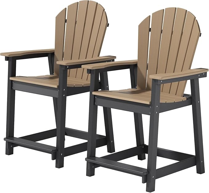 OTSUN Outdoor Tall Adirondack Chairs Set of 2, Patio Bar Stool Chair with High Back, 400lbs, Widened Arms, All-Weather Balcony Chair for Backyard, Garden, Yard (Black Brown)