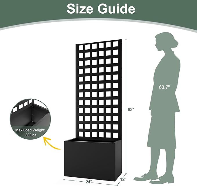 Metal Planter Box with Trellis, Privacy Planter for Patio, 24" L×12" W×63" H Raised Garden Bed withTrellis, Drainage Holes (Black Grid)