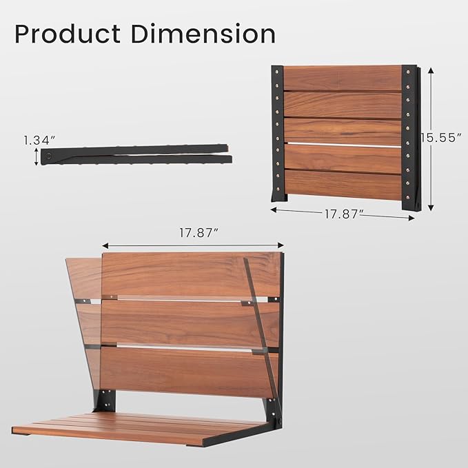 EROMMY Folding Shower Seat, 17.8" Wall Mounted Teak Shower Bench, Foldable Shower Chair for Inside Shower, Home Care Bathroom Safety Shower Chair for Elderly and Disabled, 400 lbs Capacity