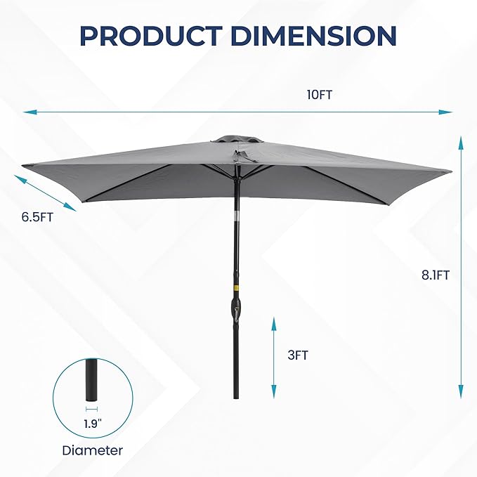 SUNVIVI OUTDOOR Patio Umbrella, Rectangular Patio Umbrella, Metal Pole Square Outdoor Umbrella with Crank and Push Button Tilt, Large Outdoor Umbrella with Polyester Canopy