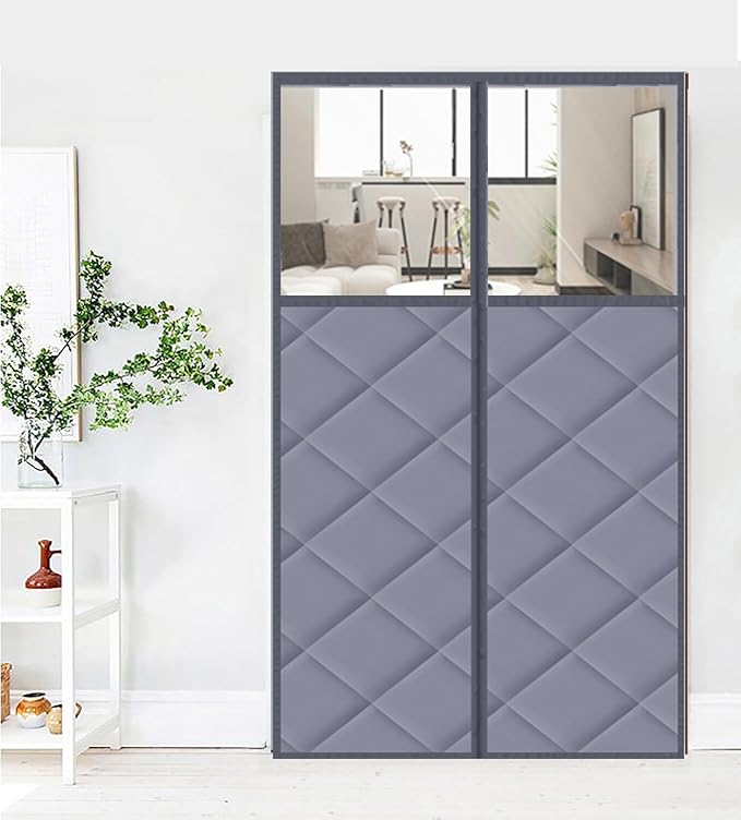 Magnetic Thermal Insulated Blackout Door Curtain Storm Wind Fleece Insulation Curtian Magnetic Screen Door with Thermal Noise Reduce Grey with Window Style 2 54"x86" Inch