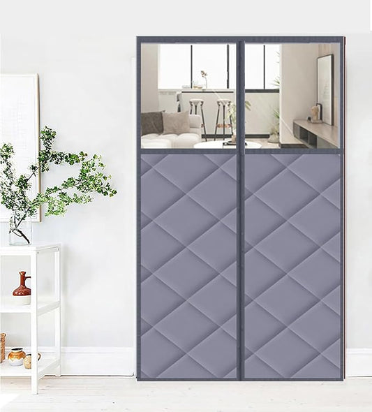 Magnetic Thermal Insulated Blackout Door Curtain Storm Wind Fleece Insulation Curtian Magnetic Screen Door with Thermal Noise Reduce Grey with Window Style 2 35"x86" Inch