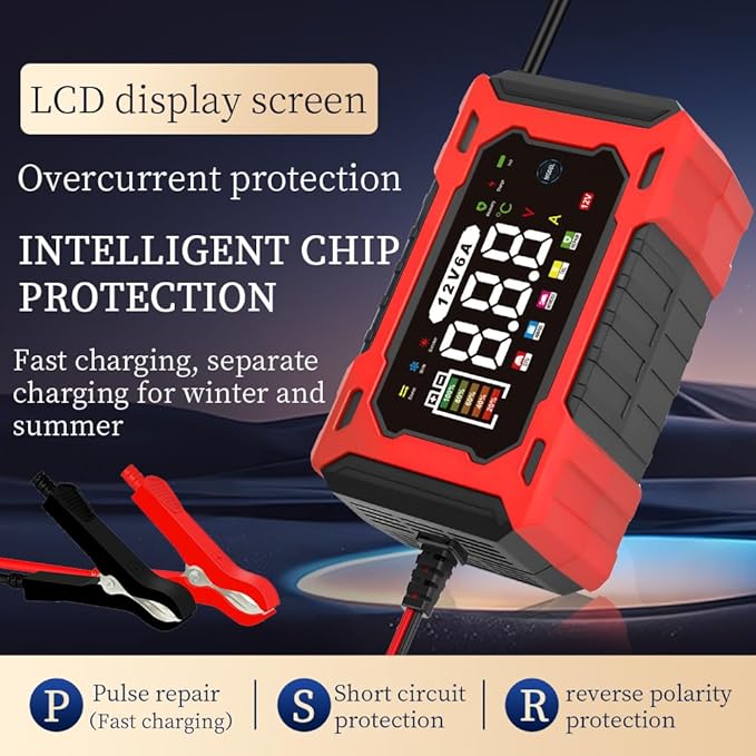 12V 6A Smart Battery Charger - Automotive Car/Motorcycle 12V Lead-Acid Battery Charger with LCD, Pulse Repair & Overcharge Protection