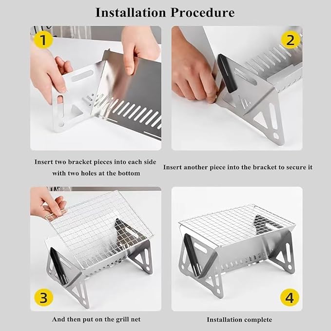 Portable Folding BBQ Grill for 1-2 People - Mini Charcoal Grill for Camping, Compact Stainless Steel Fire Pit with Carry Bag, Comes with 10 barbecue skewers and a silicone brush (8.2X5.5 IN)