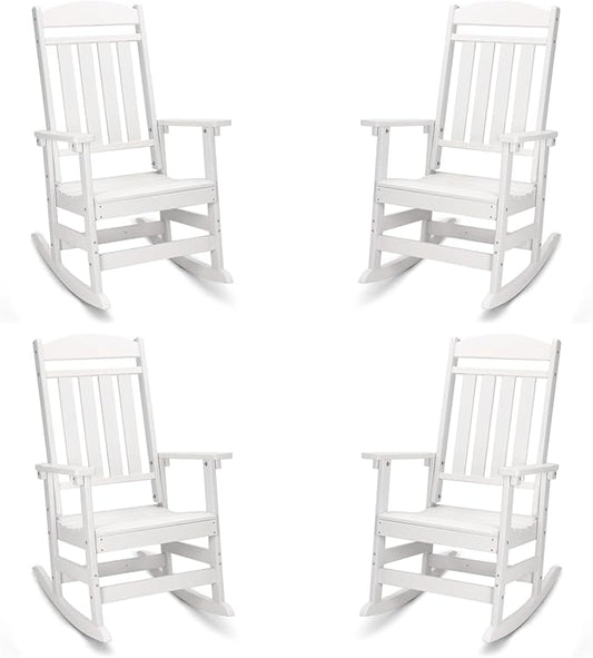 FOOWIN Outdoor Rocking Chair Set of 4, High Back Patio Rocking Chair, HDPE All Weather Resistant Porch Rocker for Adult, Oversized Rocking Chairs for Garden, Lawn, Indoor & Outdoor Use, White