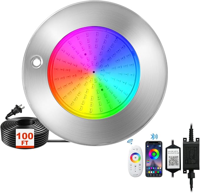Large LED Pool Lights Multicolor IP68 Swimming Inground Pools RGB Stainless Steel Color Changing Underwater for Wet Niche, APP Control & Remote Control, Easy Install (6''-RGB-30W, 100FT)