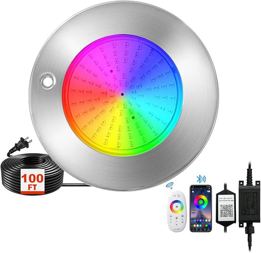 Large LED Pool Lights Multicolor IP68 Swimming Inground Pools RGB Stainless Steel Color Changing Underwater for Wet Niche, APP Control & Remote Control, Easy Install (6''-RGB-30W, 100FT)