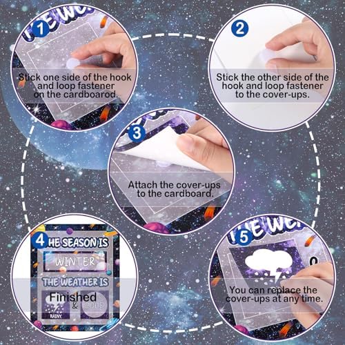 Outer Space Galaxy Season and Weather Calendar Bulletin Board Season Calendar Posters with Weather Cards Hook and Loop Dots for Classroom Wall Decor Preschool Kindergarten Student Teacher Supplies