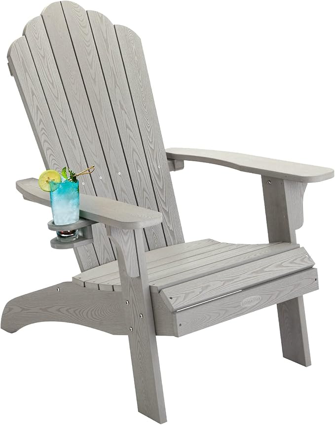 hOmeHua Oversized Adirondack Chair, HIPS Adirondack Chairs Weather Resistant with Cup Holder, Plastic Outdoor Chair for Patio, Backyard Deck, Fire Pit Lawn Porch (Grey)