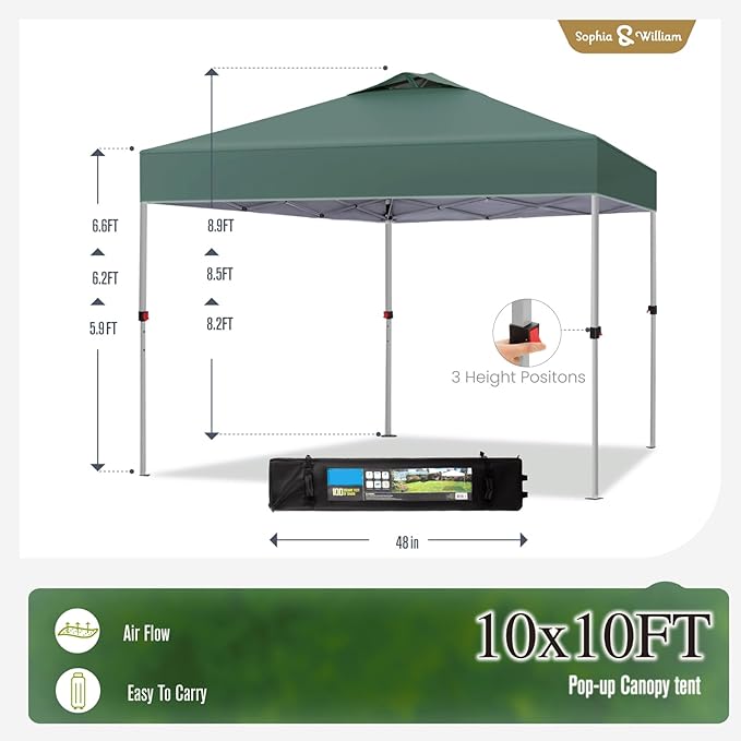 Sophia & William Canopy Tent Pop Up 10x10 ft, Outdoor Patio Portable Commercial Canopies Shelter Heavy Duty Straight Legs with Roller Bag, 8 Stakes, 4 Guy Ropes, UPF50+, Green