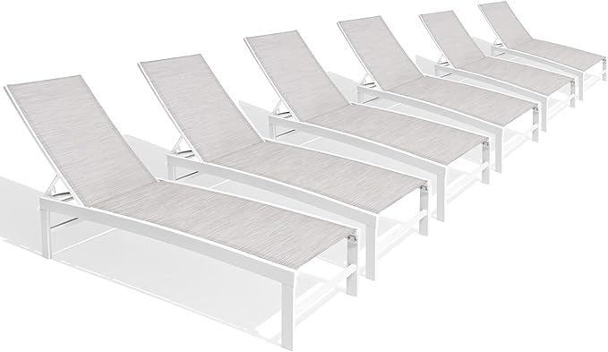 Chaise Lounge Chair, Set of 6 Outdoor Recliner Lounge Chair Sun Loungers, All Weather Chaise with 5 Adjustable Backrest and Lay Flat Positions for Garden, Balcony, Pool, White and Beige