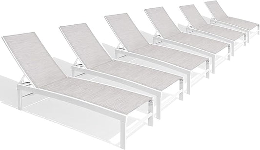 Chaise Lounge Chair, Set of 6 Outdoor Recliner Lounge Chair Sun Loungers, All Weather Chaise with 5 Adjustable Backrest and Lay Flat Positions for Garden, Balcony, Pool, White and Beige