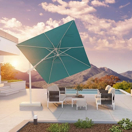 PURPLE LEAF 9' X 12' Right-left Tilt Patio Umbrella Swivel White Cantilever Umbrella with Tilt Aluminum Outdoor Umbrella with 360° Rotation for Deck Pool Garden, Turquoise