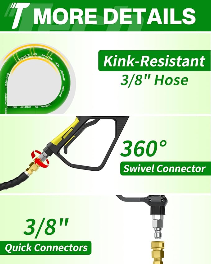 Pressure Washer Hose 200FT 3/8" for Cold and Hot Water 212°F, with Swivel Quick Connect, 4500PSI Kink Resistant Grade Steel Wire Braided, Power Washer Hose With 2pcs M22-14mm Adapter