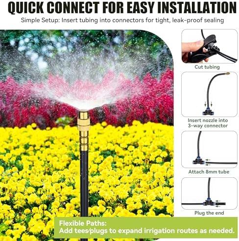 50FT 360° Adjustable Drip Irrigation System Garden Watering System with 12 Nozzles Plant Watering Devices Misting System Greenhouse Accessories for Yard, Lawn