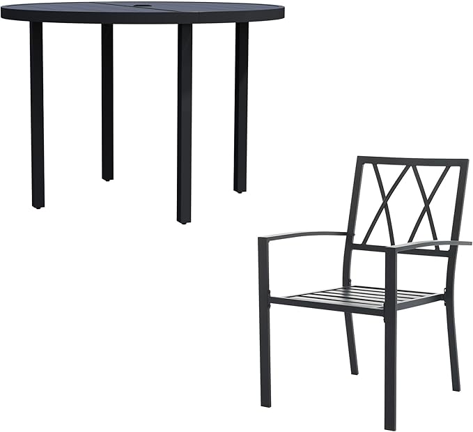 7 Piece Outdoor Dining Set, Patio Dining Set for 6, 47" Black Round Table with 6 Black Metal Outdoor Dining Chairs with Armrest for Lawn, Garden, or Porch