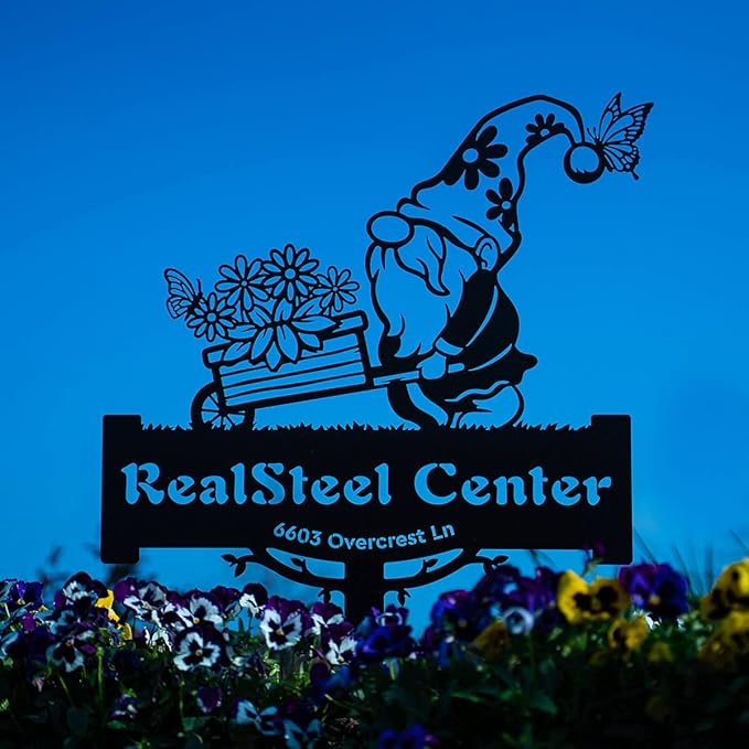 RealSteel Garden Gnome Monogram Yard Sign - Customizable Metal Sign with Gnome & Wheelbarrow Design - Personalized Name & Text (Rust, 23" x 35")