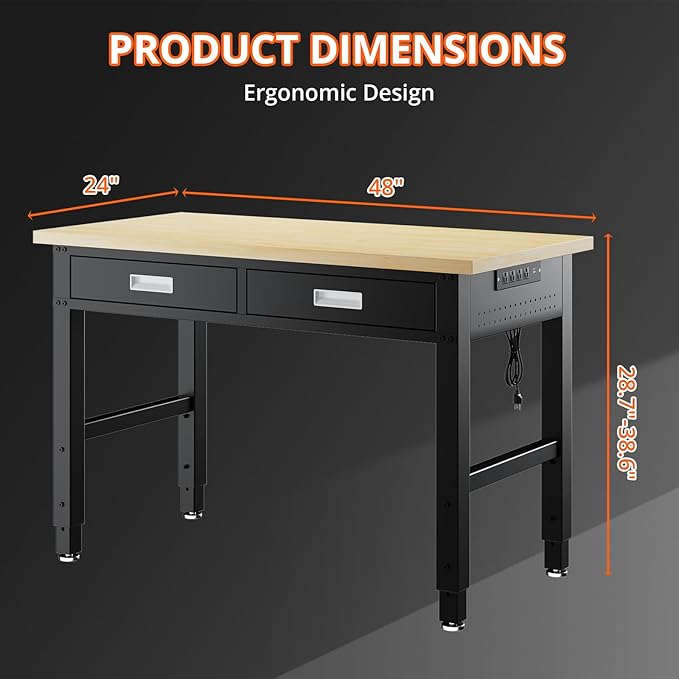 48" Heavy Duty Workbench with Power Outlets, Pegboard & Storage Drawers, 2000 LBS Capacity Rolling Work Table with Wheels, Hooks & Rack for Garage, Workshop, Office, Home