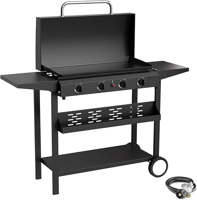 4 Burner BBQ Gas Griddle with Hood, 30 Inch Stainless Steel Portable Detachable Propane Griddle, 60,000 BTU Flat Top Grill with Side Shelves for Camping, Silver