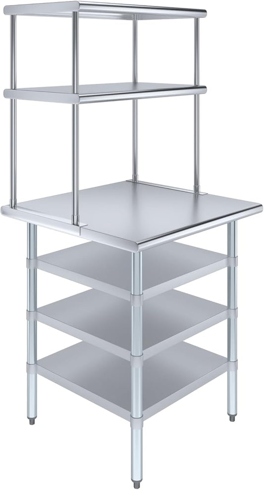 Amgood 30" x 30" Stainless Steel Work Table with 3 Shelves and 18" Wide Double Tier Overshelf | Metal Kitchen Prep Table & Shelving Combo | NSF