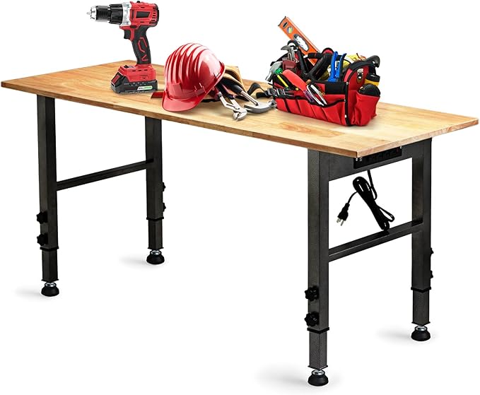 54.3 "Adjustable Workbench with Power Outlet, Heavy Duty 2000 LBS Load Capacity Hardwood Workbench Suitable for Workshop, Office, Garage, Home (Rubber Pad丨Power Outlets 54.3"x21.6")
