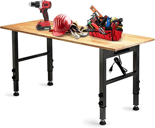 54.3 "Adjustable Workbench with Power Outlet, Heavy Duty 2000 LBS Load Capacity Hardwood Workbench Suitable for Workshop, Office, Garage, Home (Rubber Pad丨Power Outlets 54.3"x21.6")