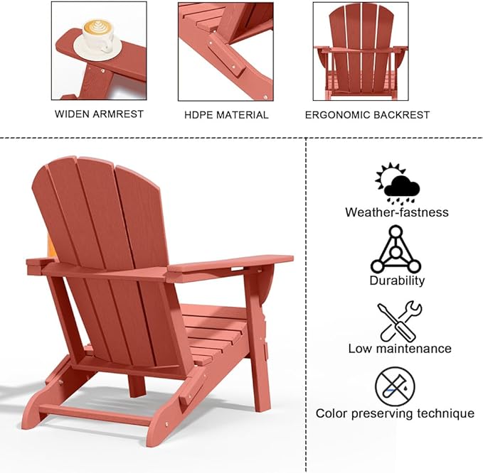 Folding Adirondack Chairs with Cup Holders, Set of 4 HDPE Plastic Outdoor Chairs, Weather Resistant, Real Wood Look, Heavy-Duty Patio Furniture for Deck, Fire Pit, Backyard, Coral