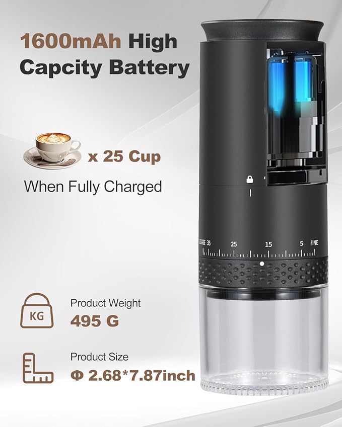 Portable Electric 420 Stainless Steel Burr Coffee Grinder, Rechargeable Espresso Grinder with 38 Adjustable Grind Settings (Black)