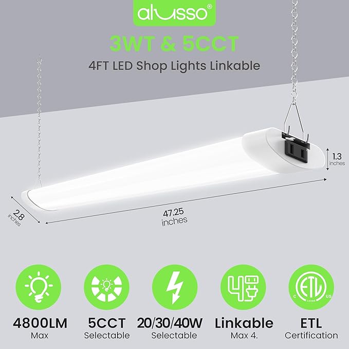 ALUSSO® 5CCT LED Shop Lights for Workshop 4FT, 4800LM Super Bright Garage Ceiling Lights, 20W 30W 40W Adjustable, 2700K 3000K 4000K 5000K 6500K Selectable Basement Warehouse Lighting, ETL, 2 Pack