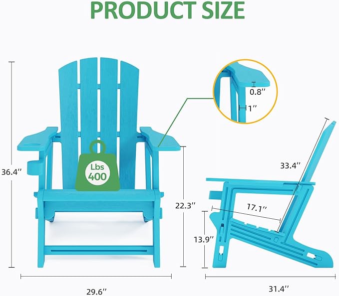 Adirondack Chairs Set of 6,Plastic Adirondack Chair with Cup Holders, All-Weather Outdoor Fire Pit Patio Chairs for Lawn,Backyard Deck, Porch,400LBS Heavy-Duty,Sky Blue
