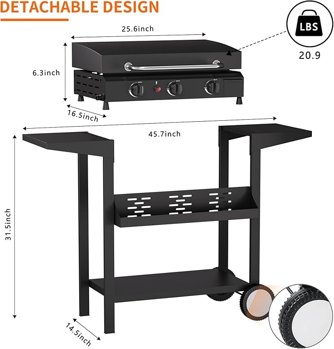 SKOK 3 Burners Outdoor Gas Griddle with Hood, Portable Flat Top Gas Grill-Table Top Propane Griddle Station with Side Shelves for Kitchen, Outdoor BBQ, Camping