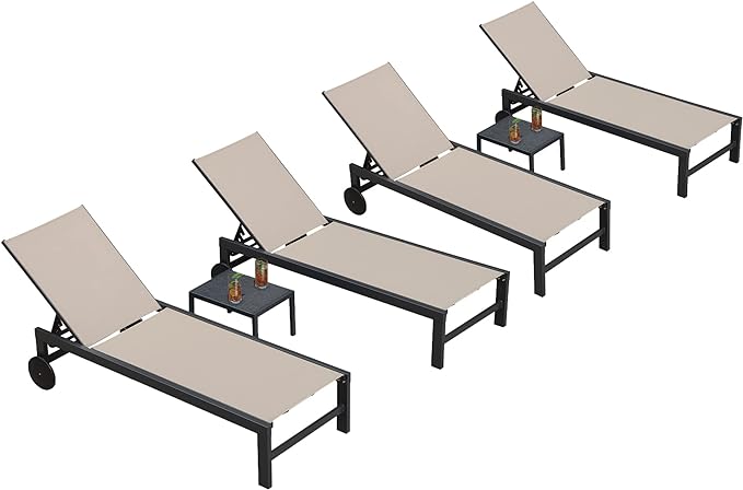 PURPLE LEAF Outdoor Chaise Lounge with Wheels for Outside 4 Pieces Aluminum Patio Lounge Chair with 5 Adjustable Position Recliner for Patio, Beach, Yard, Pool, Side Table Included, Beige