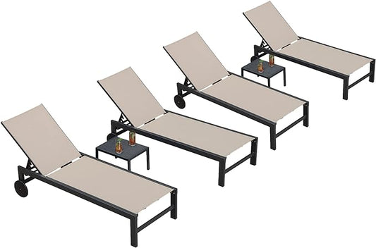 PURPLE LEAF Outdoor Chaise Lounge with Wheels for Outside 4 Pieces Aluminum Patio Lounge Chair with 5 Adjustable Position Recliner for Patio, Beach, Yard, Pool, Side Table Included, Beige
