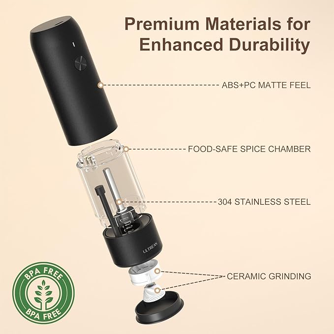 Ultrean Pepper Grinder, Rechargeable Salt and Pepper Grinder with 6 Adjustable Coarseness, LED Light, Automatic Grinder for Kitchen, Christmas Gifts for Women, Black