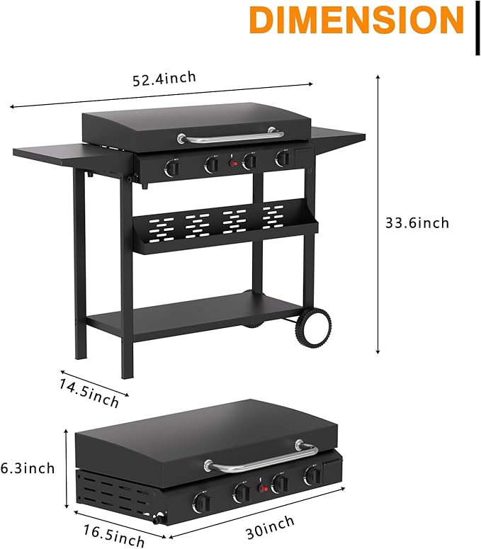 4 Burner BBQ Gas Griddle with Hood, 30 Inch Stainless Steel Portable Detachable Propane Griddle, 60,000 BTU Flat Top Grill with Side Shelves for Camping, Silver