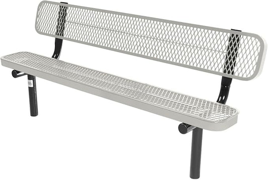 COATEDOUTDOORFURNITURE Coated Outdoor Furniture Heavy-Duty Outdoor Bench Thermoplastic Coated, Expanded Metal, Commercial-Grade Seating, Made in America (Inground with Back, 6 Ft, Textured Grey)
