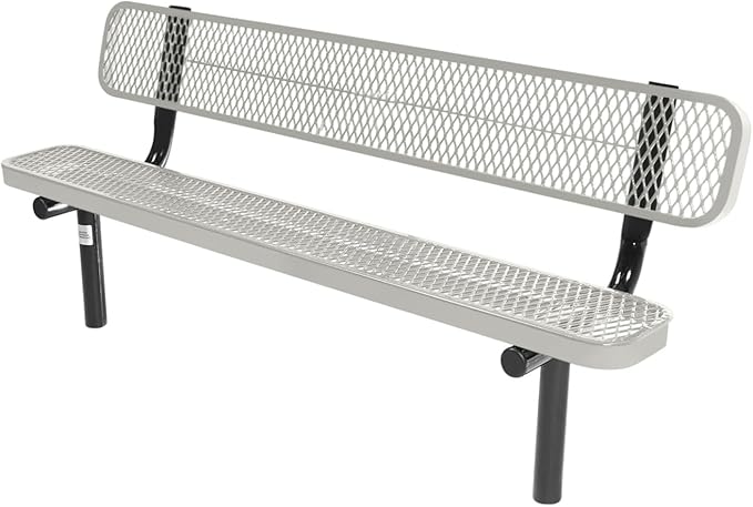 COATEDOUTDOORFURNITURE Coated Outdoor Furniture Heavy-Duty Outdoor Bench Thermoplastic Coated, Expanded Metal, Commercial-Grade Seating, Made in America (Inground with Back, 6 Ft, Grey)