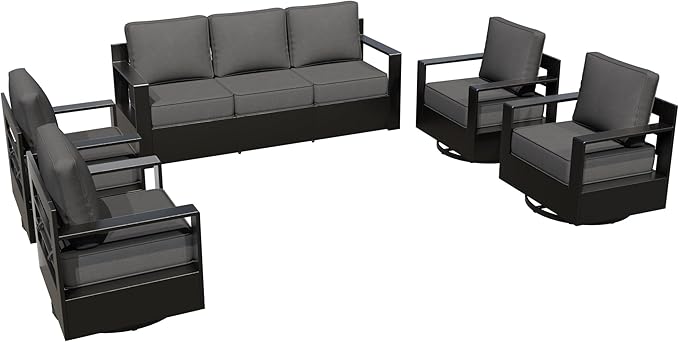 Aluminum Outdoor Conversation Furniture Set - All Weather Patio 79" Sofa with 4 Swivel Rocker Chairs, 6" Water-Resistant Cushions & Furniture Covers & Metal Armrest for Backyard (Grey)