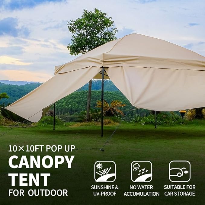 10x10 Pop Up Canopy Tent with 2 Sidewalls, Easy Up Canopy Outdoor Party Sun Shade Tent Portable Gazebo for Beach Camping Events with Carry Bag and 4 Sand Bags